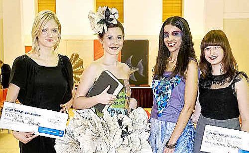 Fashion fix: Kingscliff TAFE student Sarah Follent (left) with sister Kate Follent (left) modelling her winning design. Fashion fix: Kingscliff TAFE student Sarah Follent (left) with sister Kate Follent (left) modelling her winning design.